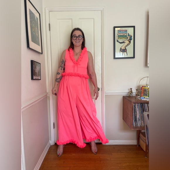 60s Vintage Hot Pink Nylon Jumpsuit - Picture 3 of 8